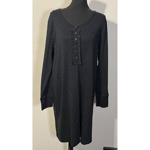 Oscar De La Renta Sleepshirt Womens XL Black Polka Dot Cotton Henley Long Sleeve